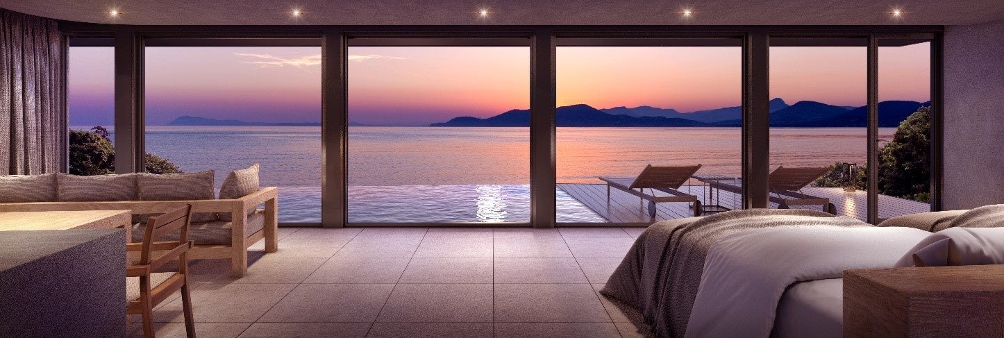 オフグリッド型ホテル「WEAZER西伊豆」からは駿河湾が一望できる