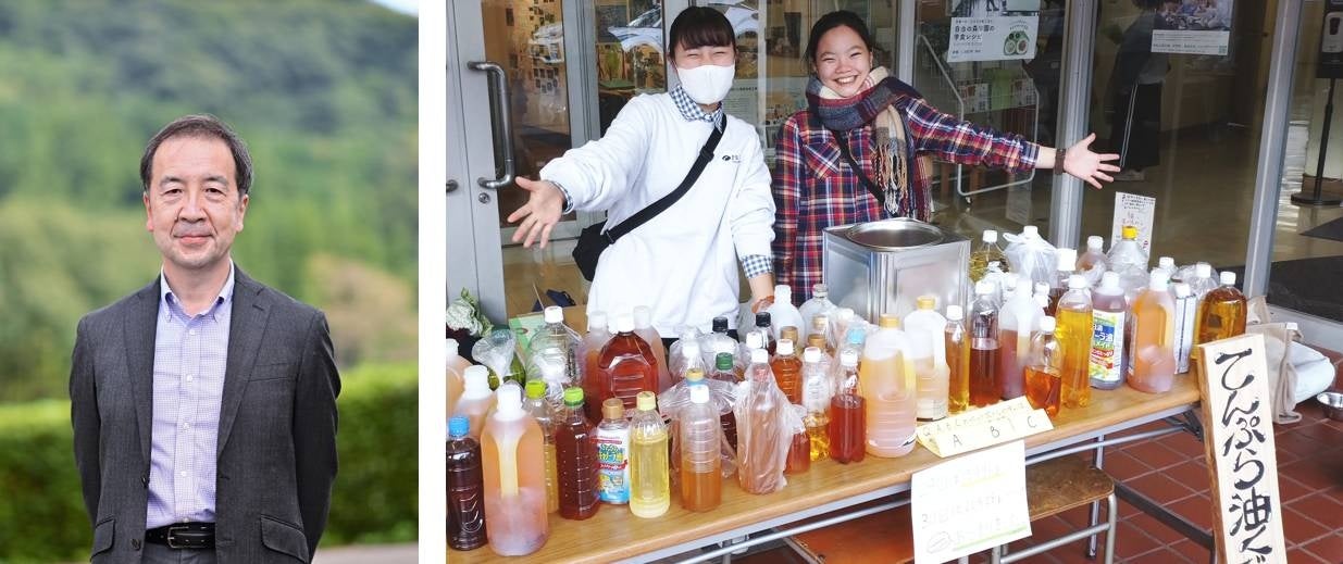 左）鬼沢真之さん、右）自由の森学園高校生たちの環境活動（廃食油回収）