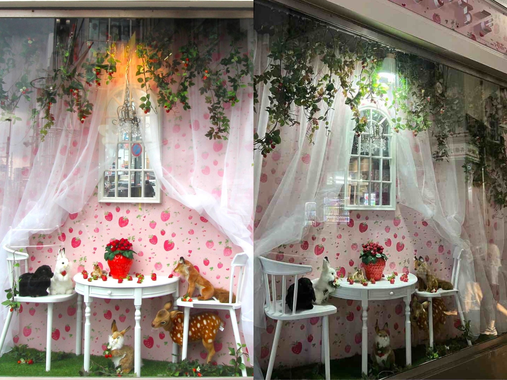 いちごの森の動物達。昼と夜とでは雰囲気に変化があります。