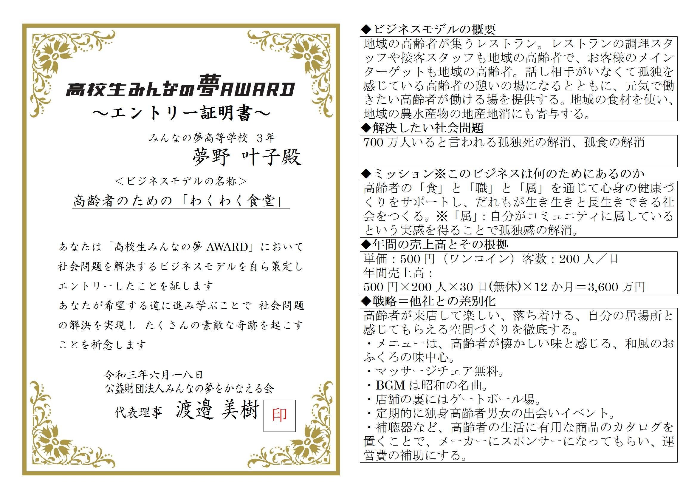 高校生みんなの夢ＡＷＡＲＤ エントリー証明書 （6月頃発行予定）