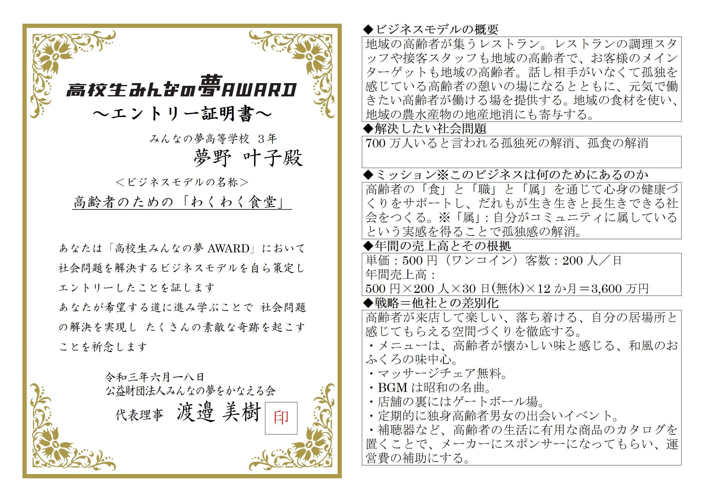 高校生みんなの夢ＡＷＡＲＤ エントリー証明書 （7月頃発行予定）
