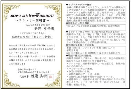 高校生みんなの夢ＡＷＡＲＤ エントリー証明書 （7月頃発行予定）