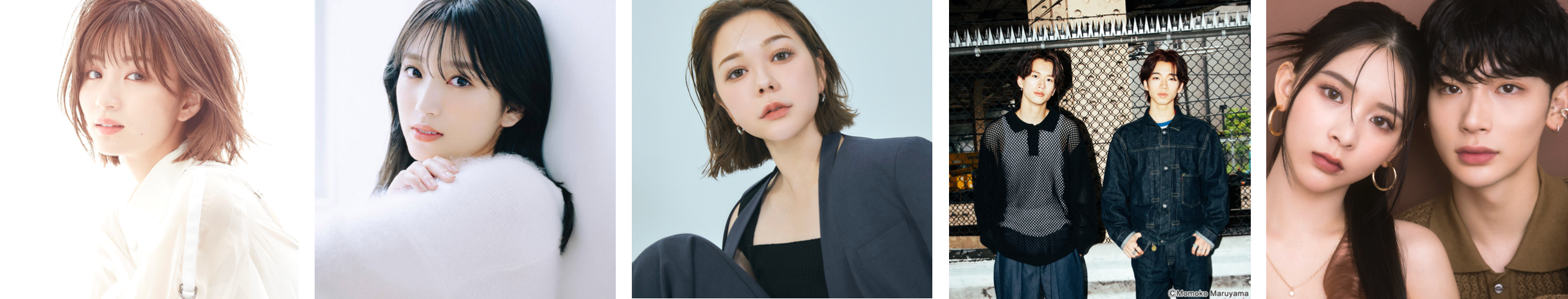 写真、左から：【ゲストモデル】岡崎紗絵、矢吹奈子　※50音順　【ゲスト】村重杏奈、もーりーしゅーと、よしあき&ミチ　※50音順