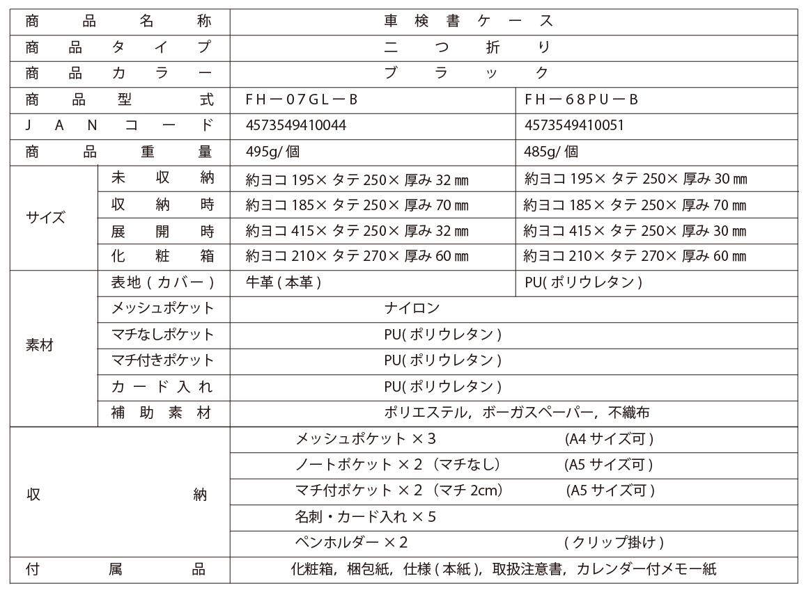 本革やPUの車検証入れ仕様