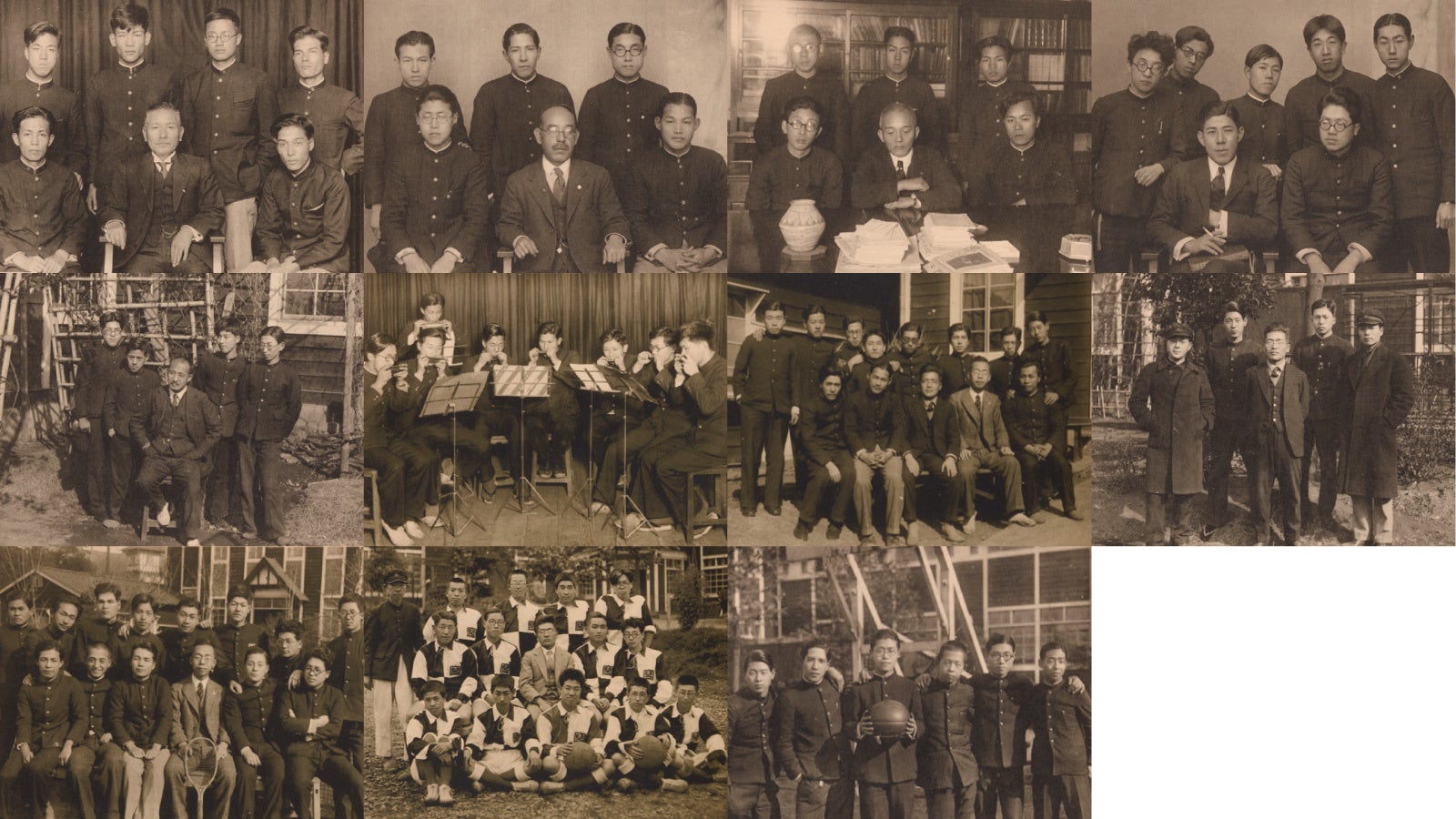 左上から、総務部、撮影部、文芸部、映書部、中央左端から、園芸部、写専ハーモニカバンド、野球部、運動部、左下から、庭球（テニス）部、蹴球（サッカー）部、籠球（バスケットボール）部