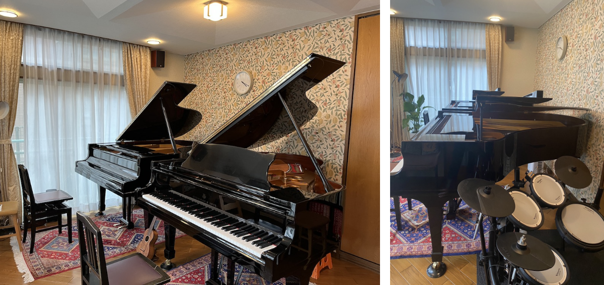 スタインウェイとYAMAHAのグランドピアノと、子どもたちに人気のRolandの電子ドラム