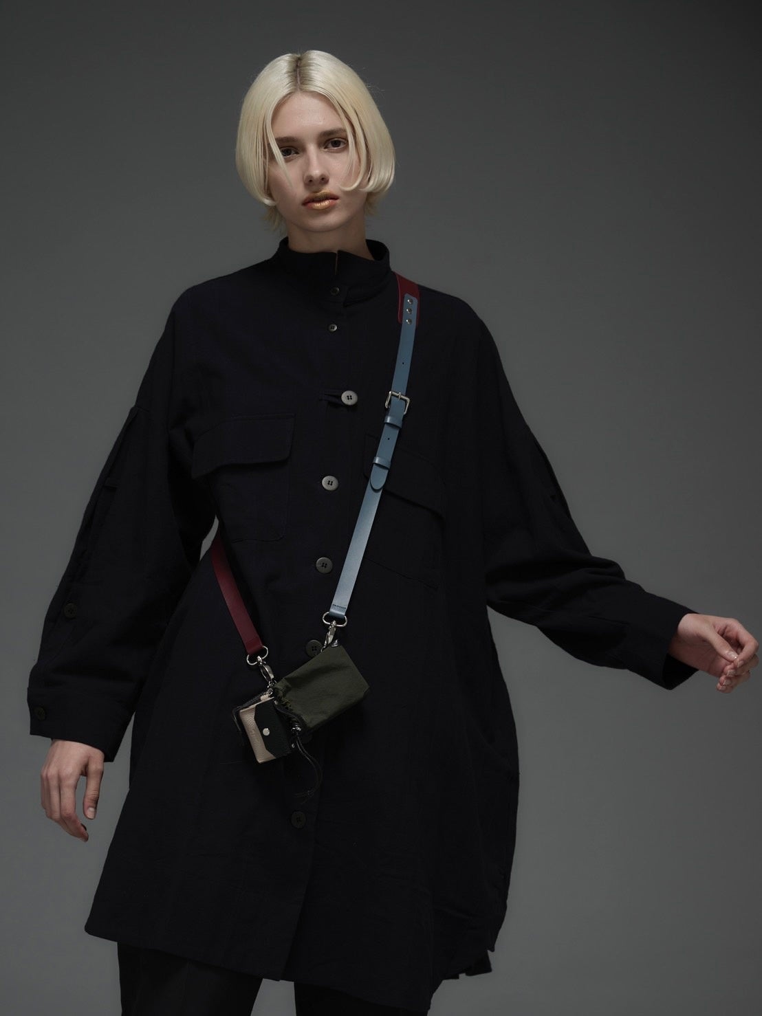 「Craft leather shoulder」burgundy navy × drawstring case