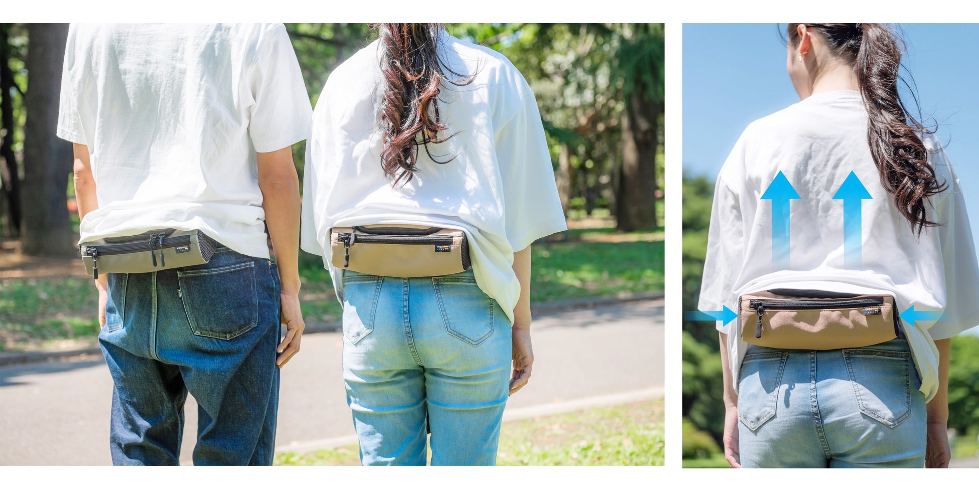 見た目は普通のウエストポーチなのでファッション性を損なわず、日常やレジャーシーンでもお手軽にご利用いただけます。