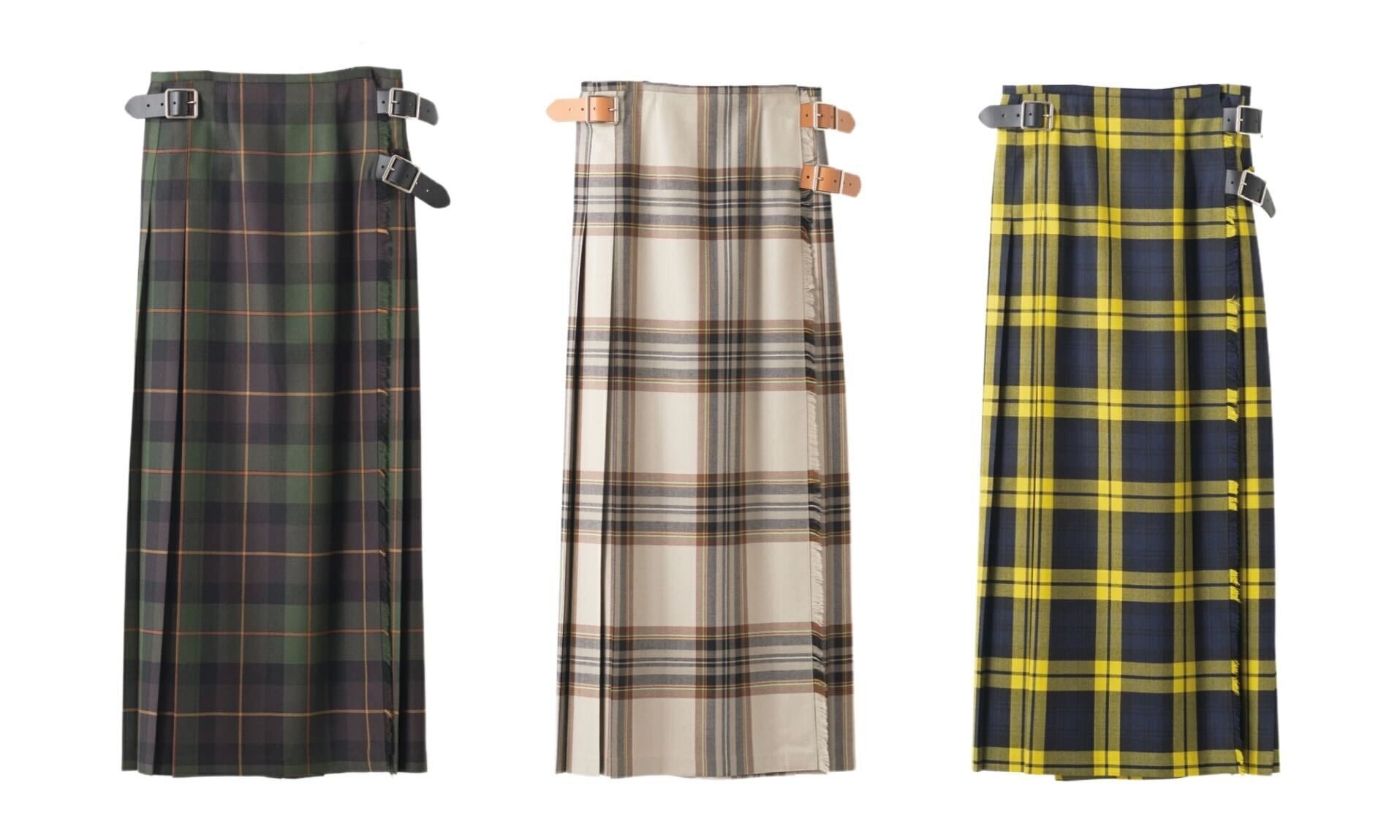 【ダブルベルトキルトスカート】デリーカナン(左)、ラハーダン(中央)、イニッシュビッグルアイランド(右)