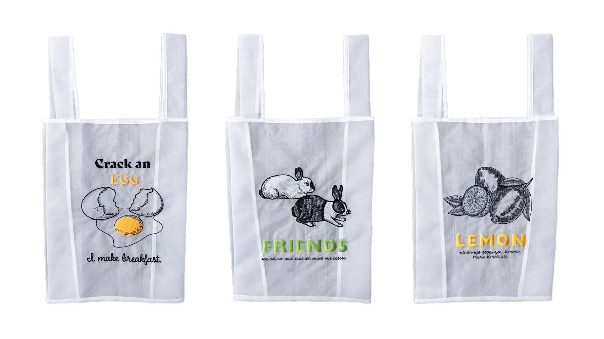 【オーガンジー 刺繍入り トートバッグ】Egg(左)、Friend(中央)、Lemon(右)