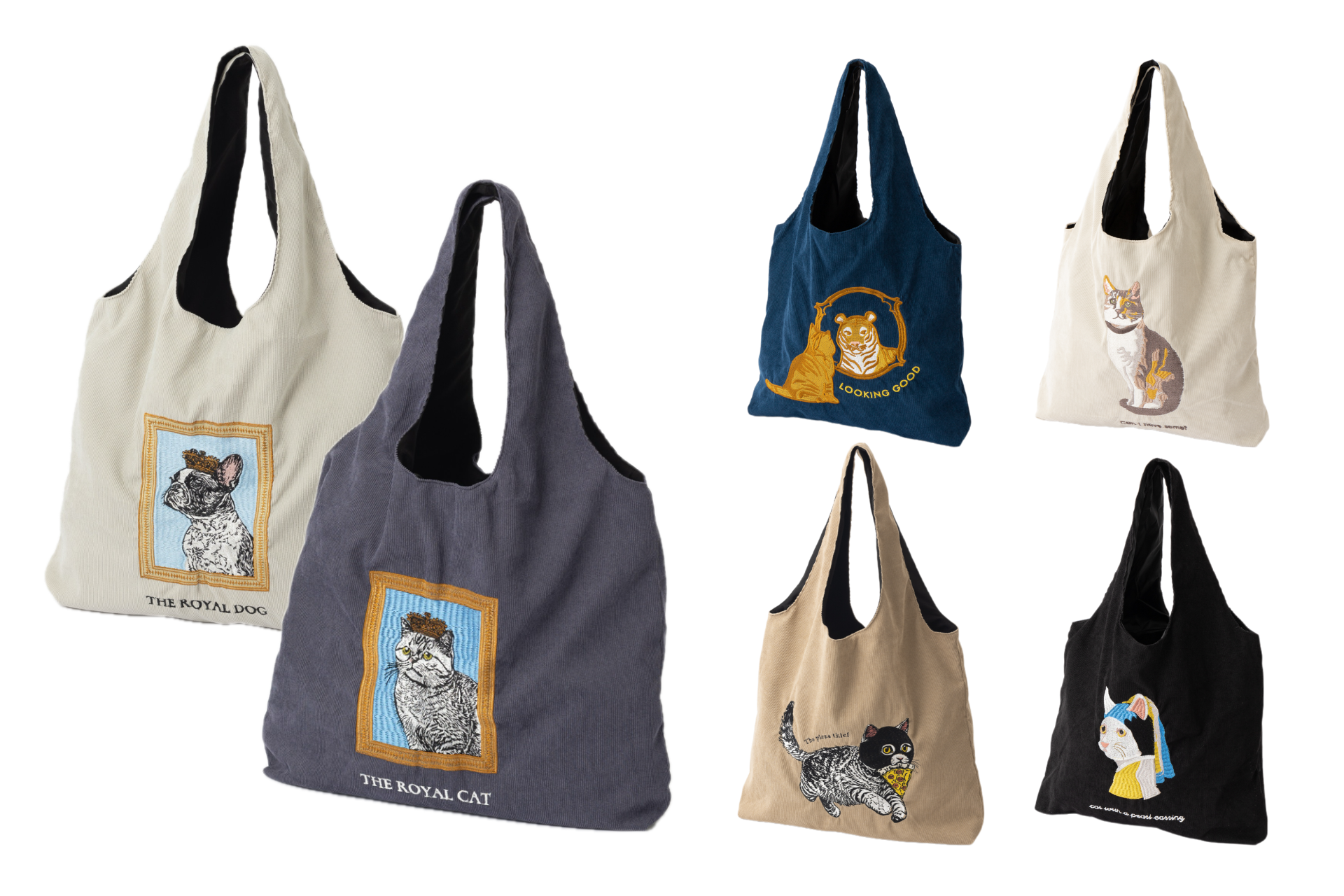 猫犬デザイン刺繍 コーデュロイ トートバッグ 60×40cm