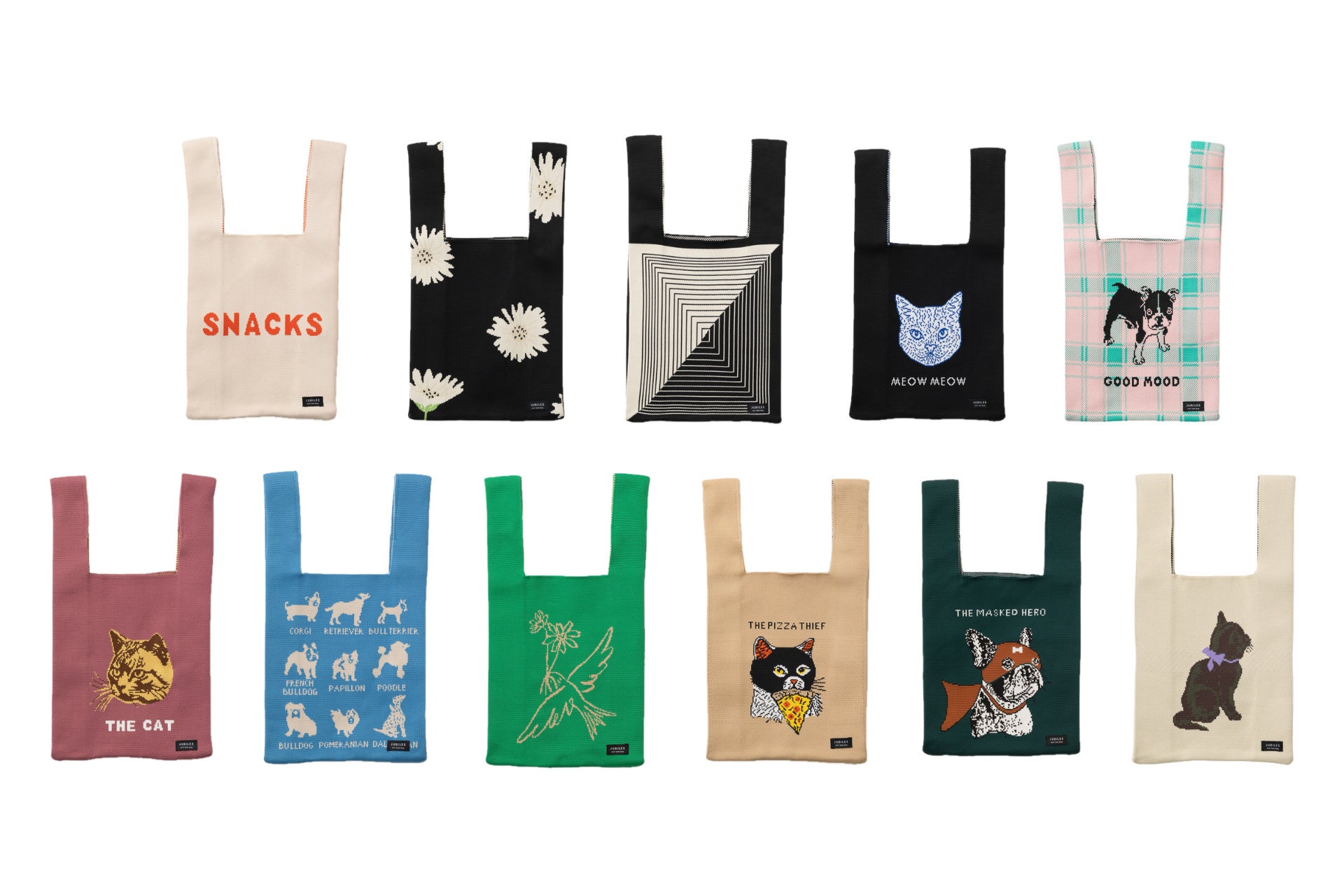 ニット マルシェバッグ ミニトートバッグ 猫犬 ロゴ 花 デザイン11種