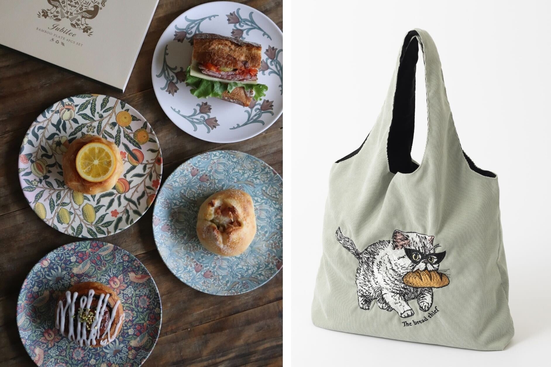 ウィリアム・モリス デザイン【お皿4枚ギフトセット】 竹ファイバープレート（左）、猫犬デザイン刺繍 コーデュロイ トートバッグ 60×40cm（右）