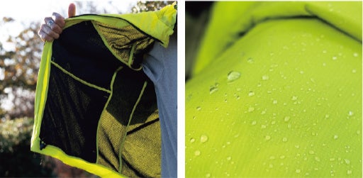 (左)保温性、通気性をもつエアメッシュの裏地　(右)朝露にも雨にも負けない撥水仕上げ