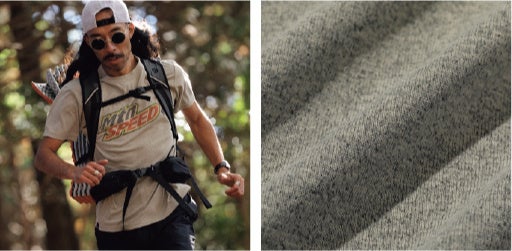 (左)アクティブなシーンで使いやすい吸汗速乾性　(右)コットンタッチの化繊素材で着心地柔らか