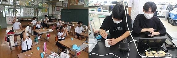 左：万華鏡で教室の蛍光灯を観察する様子 ／ 右：工作の説明をする学生