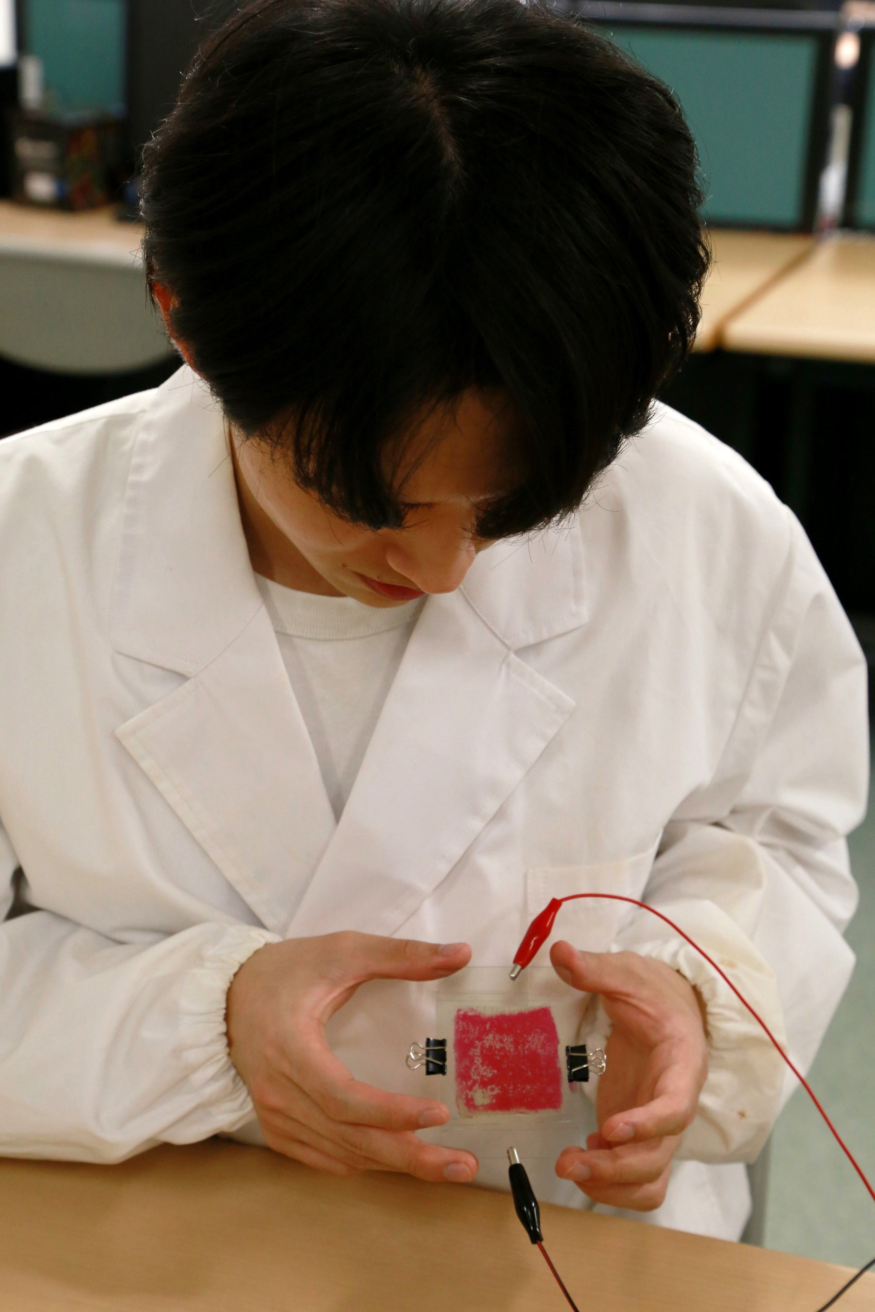 作製したEC素子と都隆羽さん