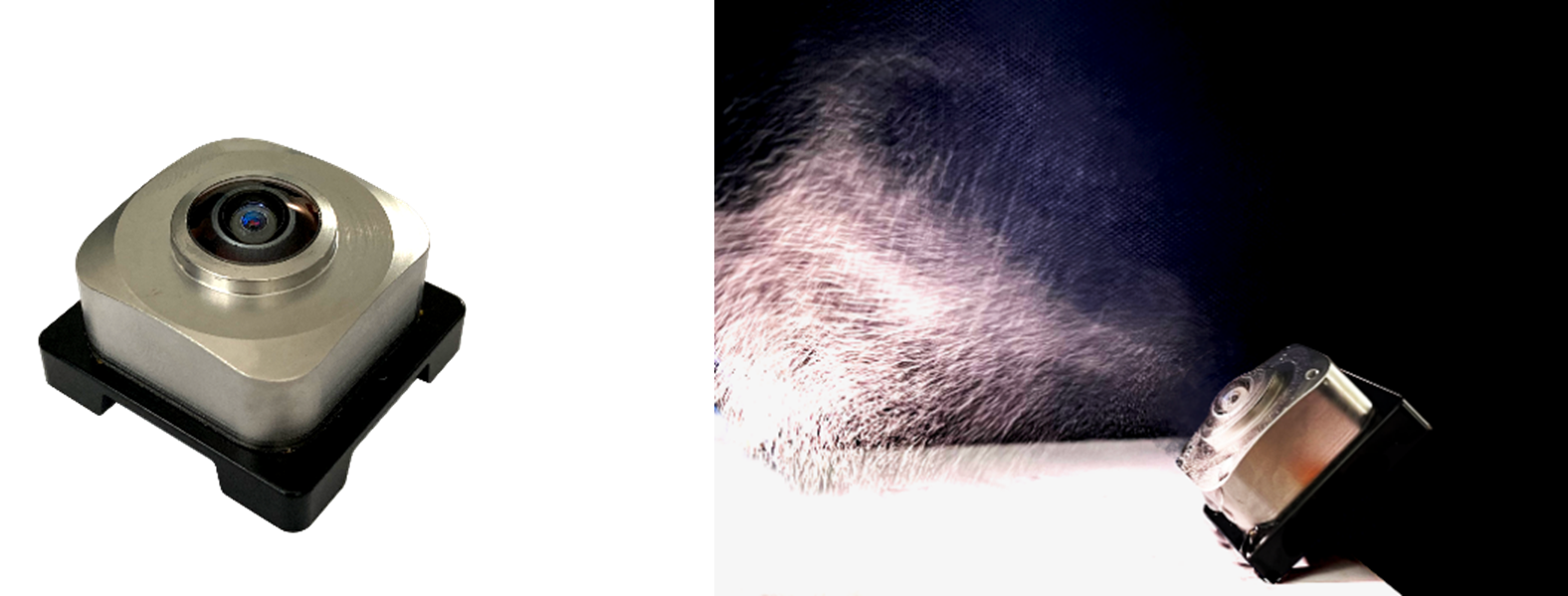 開発した車載用超音波クリーニングレンズユニット(左)と超音波で雨滴霧化している様子(右)