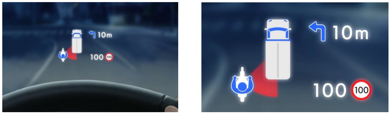 トラックやバス、建設機械向け Head-Up Displayの表示イメージ(左)と拡大図(右)