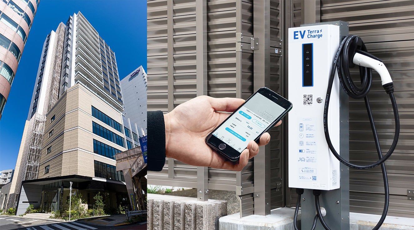 S-LINKS渋谷（左）と設置したEV充電器のイメージ画像（右）