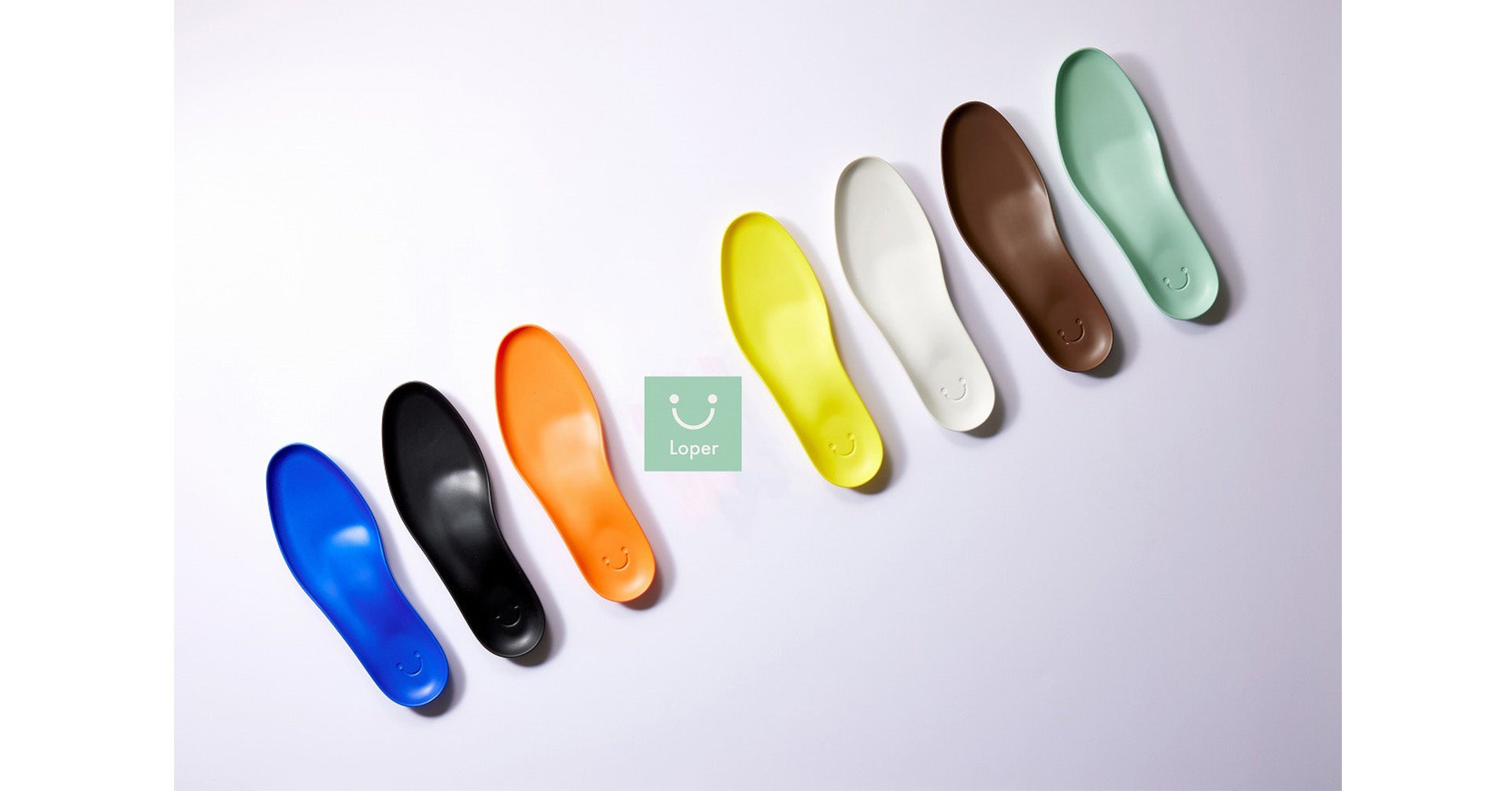 インソール 左からコバルトブルー。ブラック、オレンジ、レモン。ホワイト、チョコレート、ミント