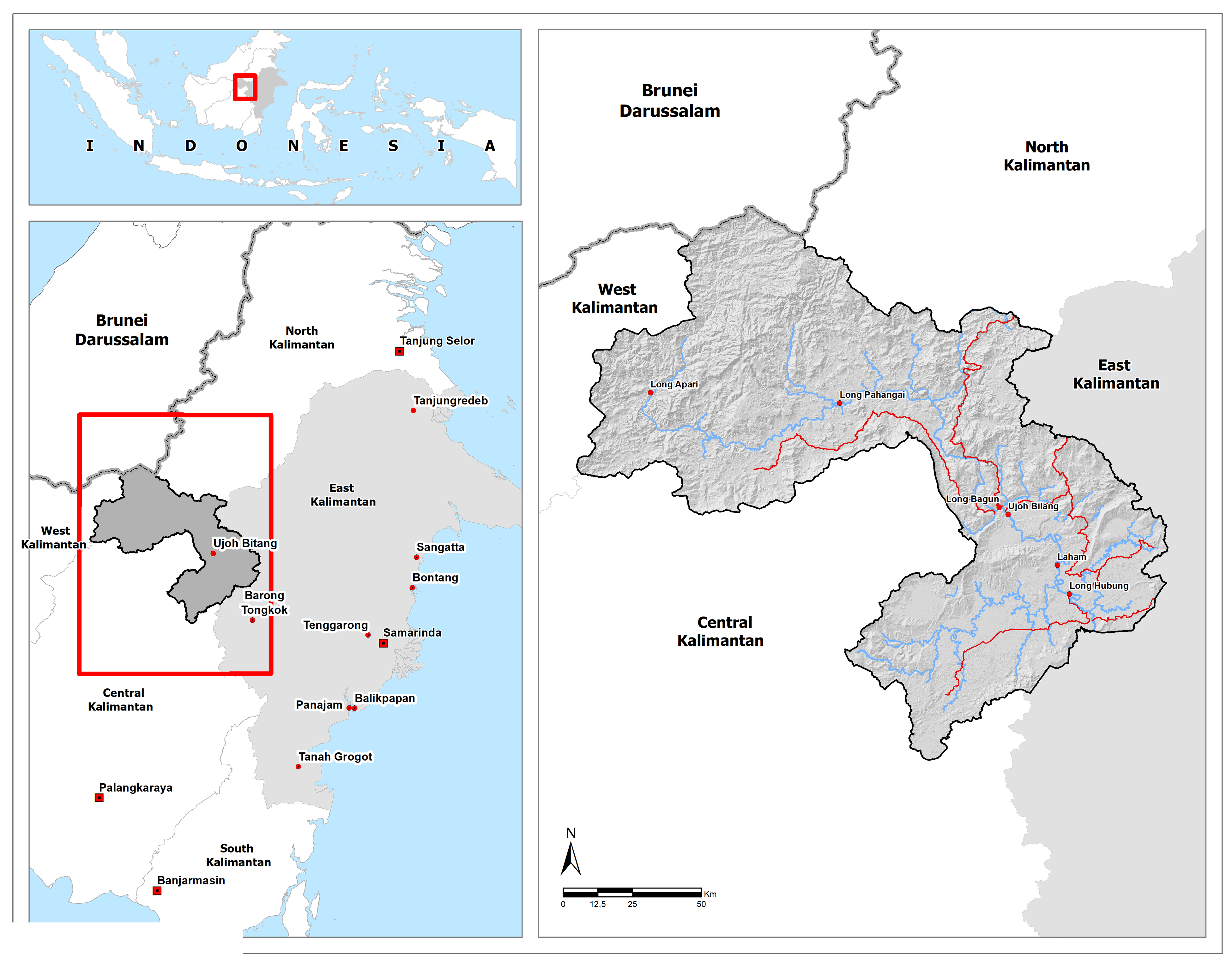 地図：ロング・イスン村は東カリマンタン州マハカムウル県（マハカム川上流）に位置する