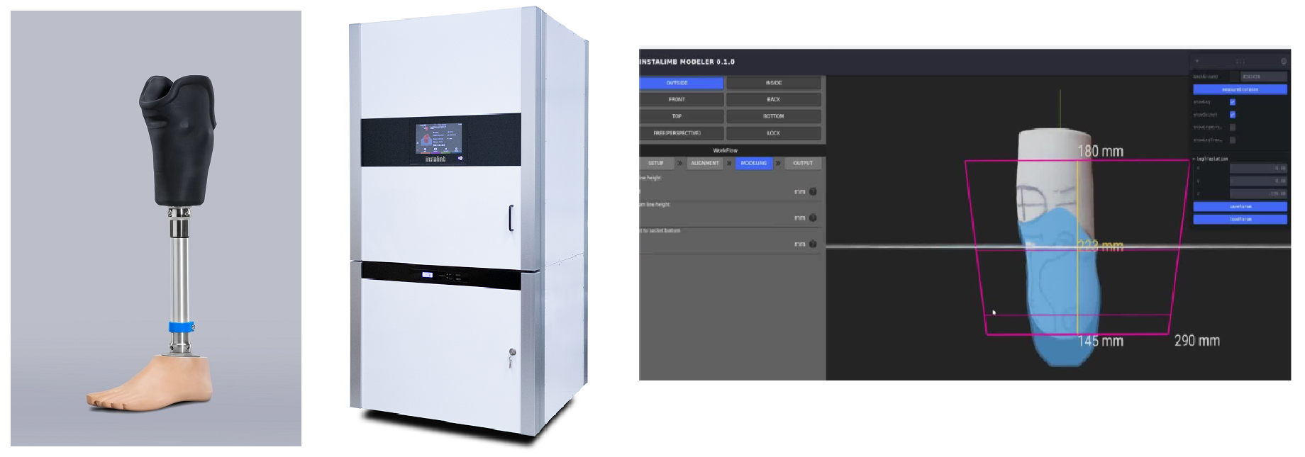 写真（左）3Dプリント義足、（中央）義足用 3Dプリンタ、（右）義足設計用 3D-CAD