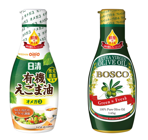 右）　BOSCOエキストラバージンオリーブオイル　左）　日清有機えごま油