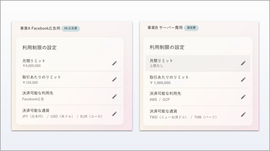 UPSIDERはカードの利用先や金額をWeb上で柔軟に制限することが可能