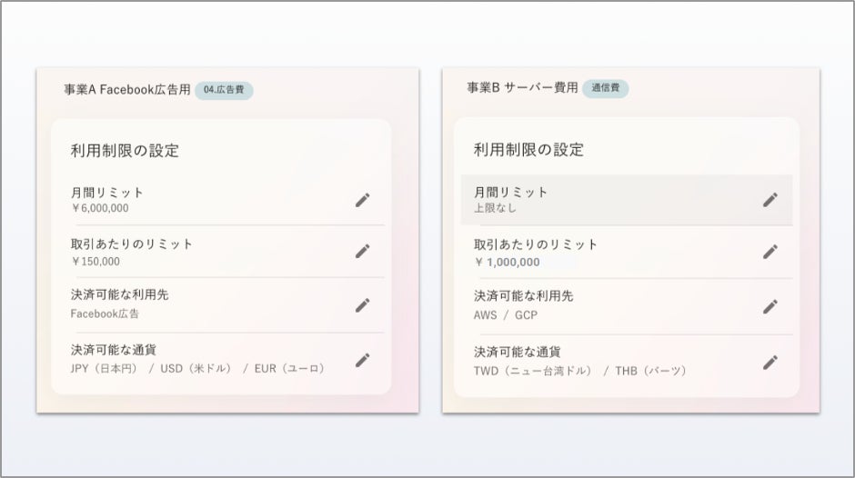 UPSIDERはカードの利用先や金額をWeb上で柔軟に制限することが可能