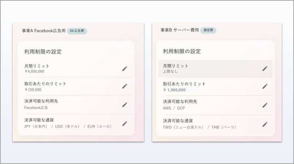 UPSIDERはカードの利用先や金額をWeb上で柔軟に制限することが可能