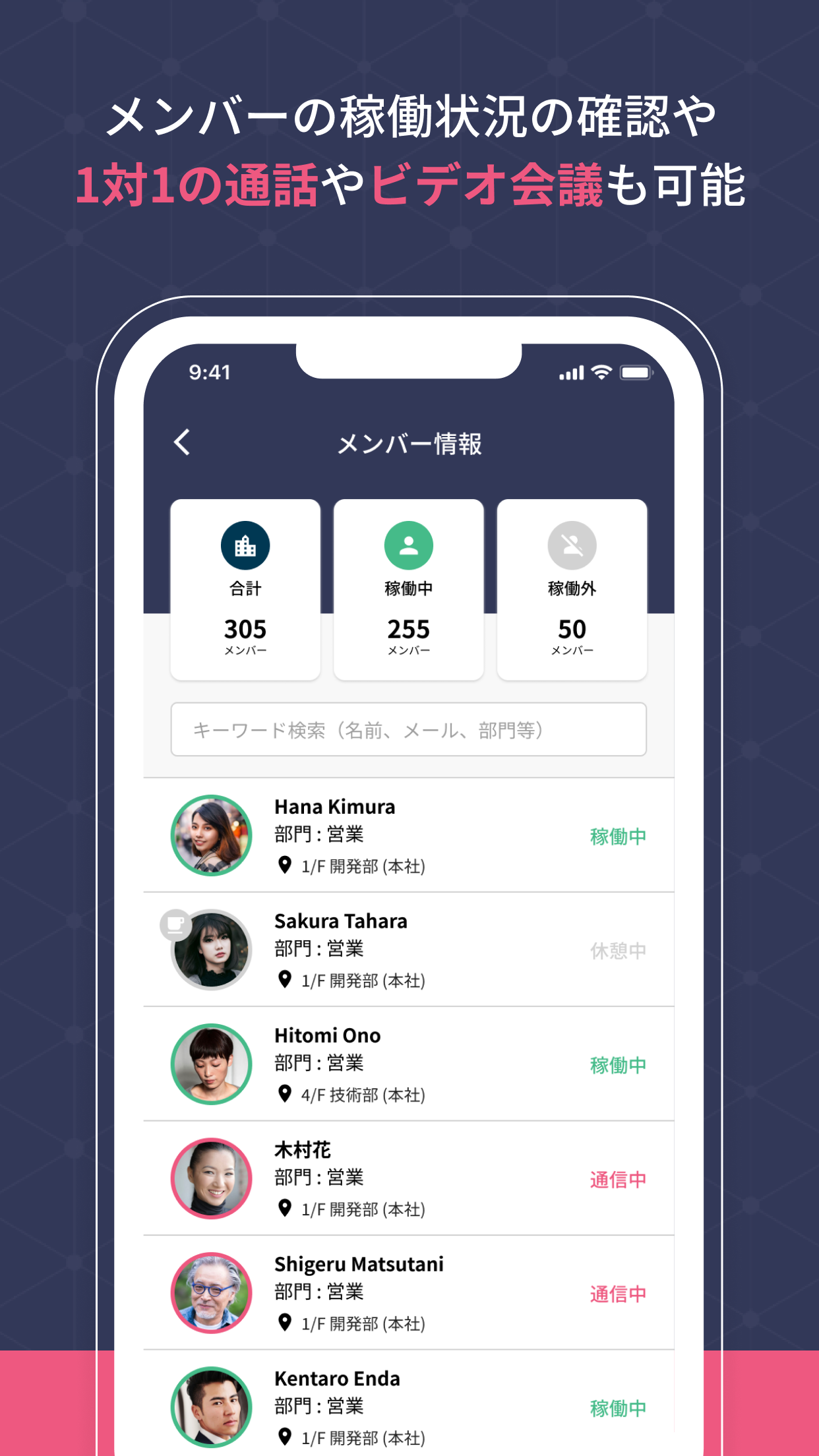 メンバーの稼働状況が確認でき、そのままオンライ会議ができる