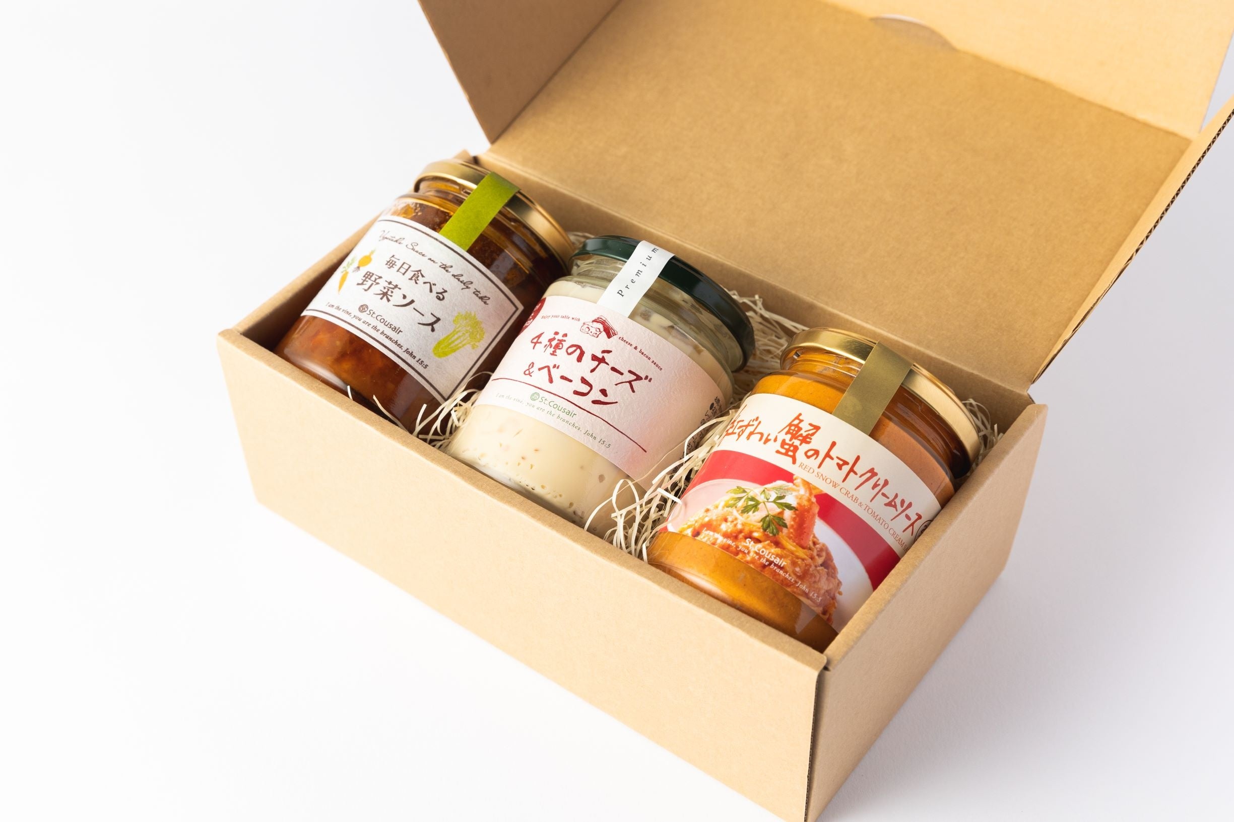 ▲「JALのCAが選ぶ 絶品ソースのセット」毎日食べる野菜ソース、蟹トマトクリーム、4種のチーズベーコンソース