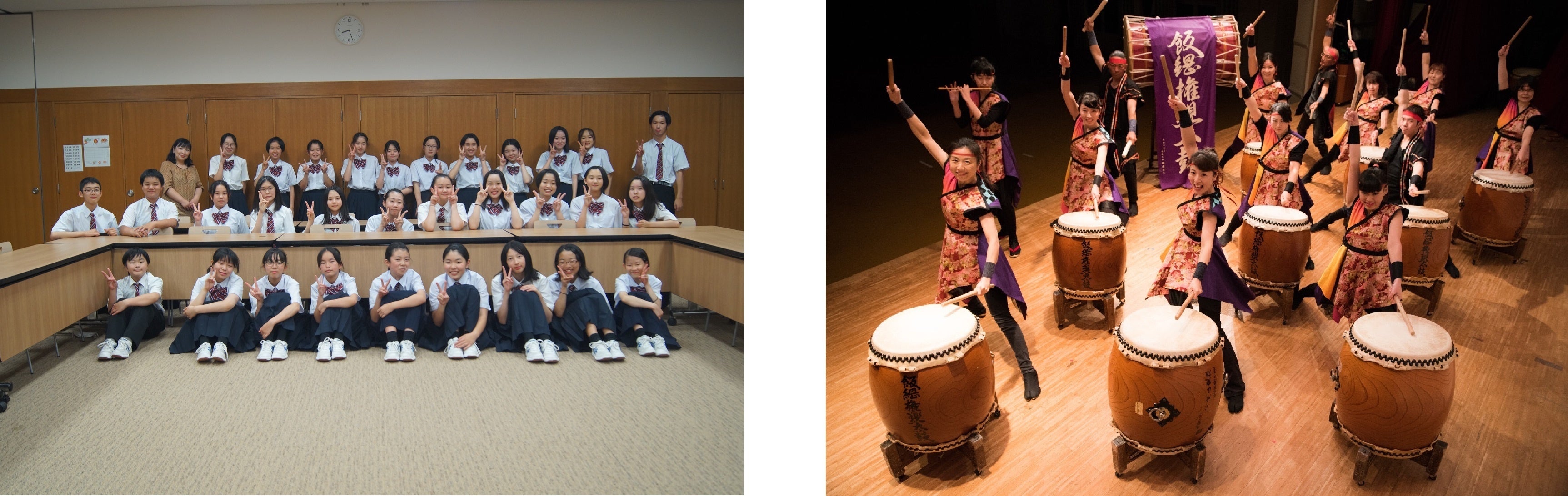 ■飯綱中学校吹奏楽部（左）　33名（1～3年生）の部員で活動中。 ​話題の曲やお馴染みの曲を演奏予定。　■飯綱権現太鼓（右）　飯綱町で活動している和太鼓グループ。1988年に町おこしのために有志を集めてスタート。