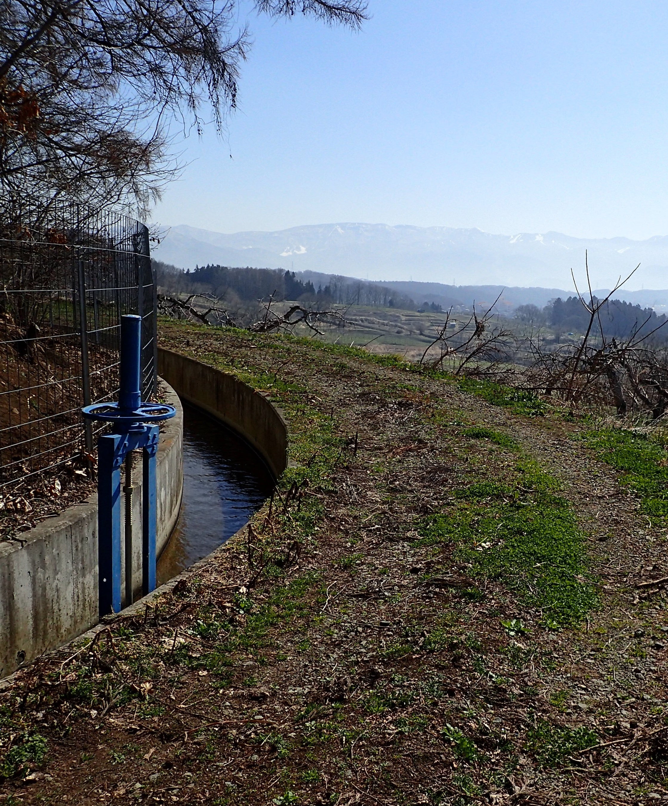高台を静かに流れていく用水