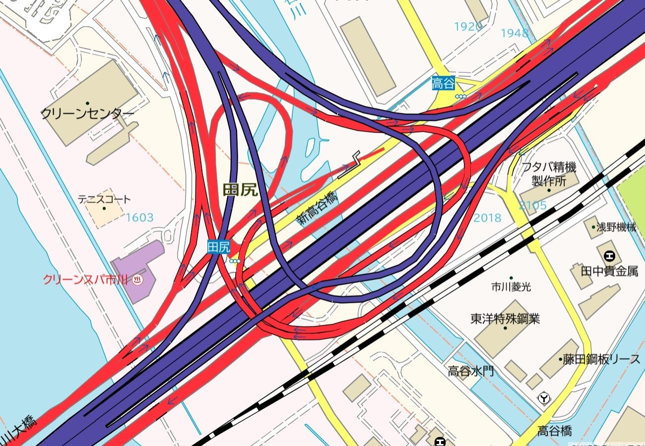 立体交差や道路幅員など実際の形状を表現した道路