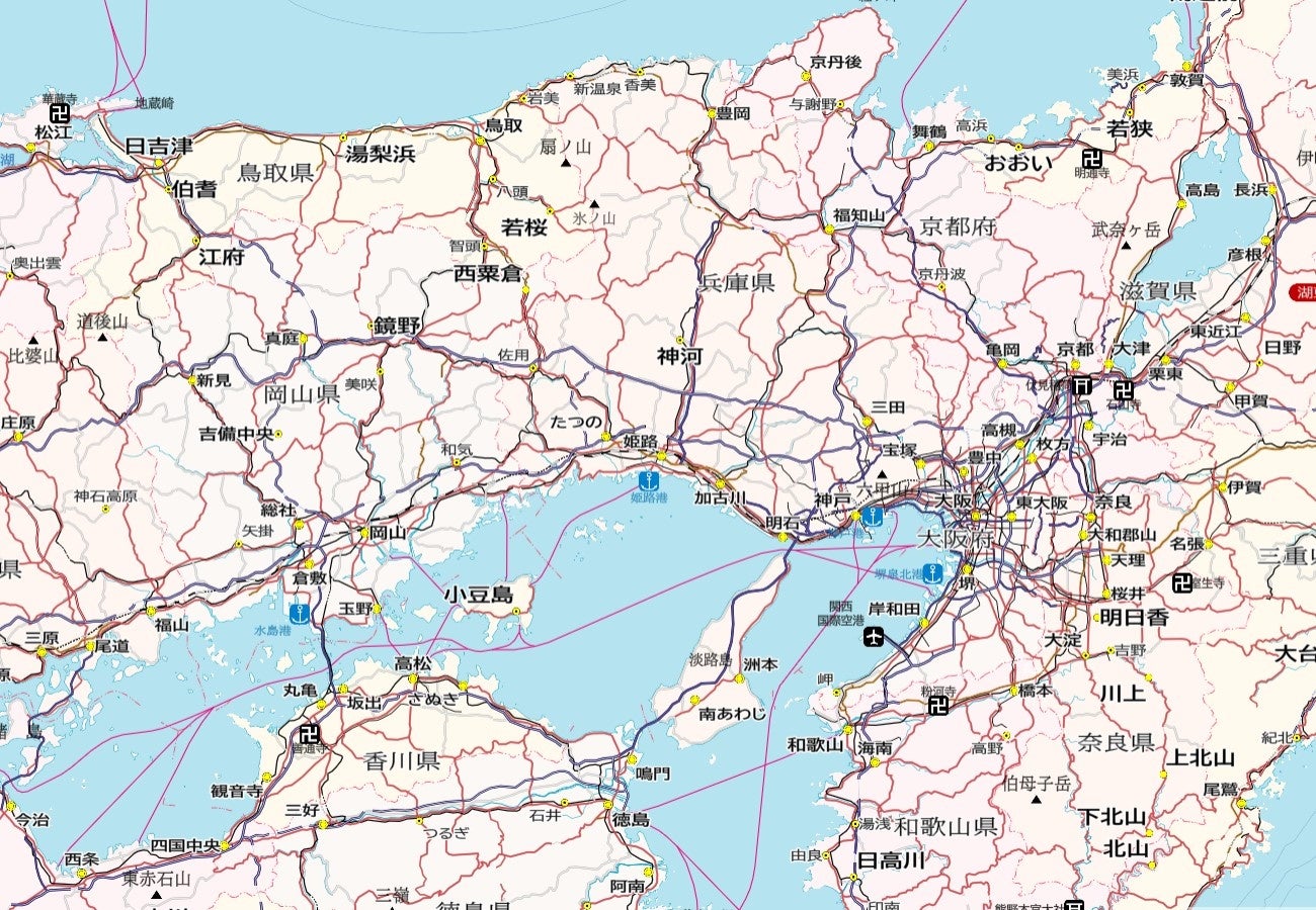 各都市の繋ぐ交通網を分かりやすく、道路と鉄道、航路形状を簡略化