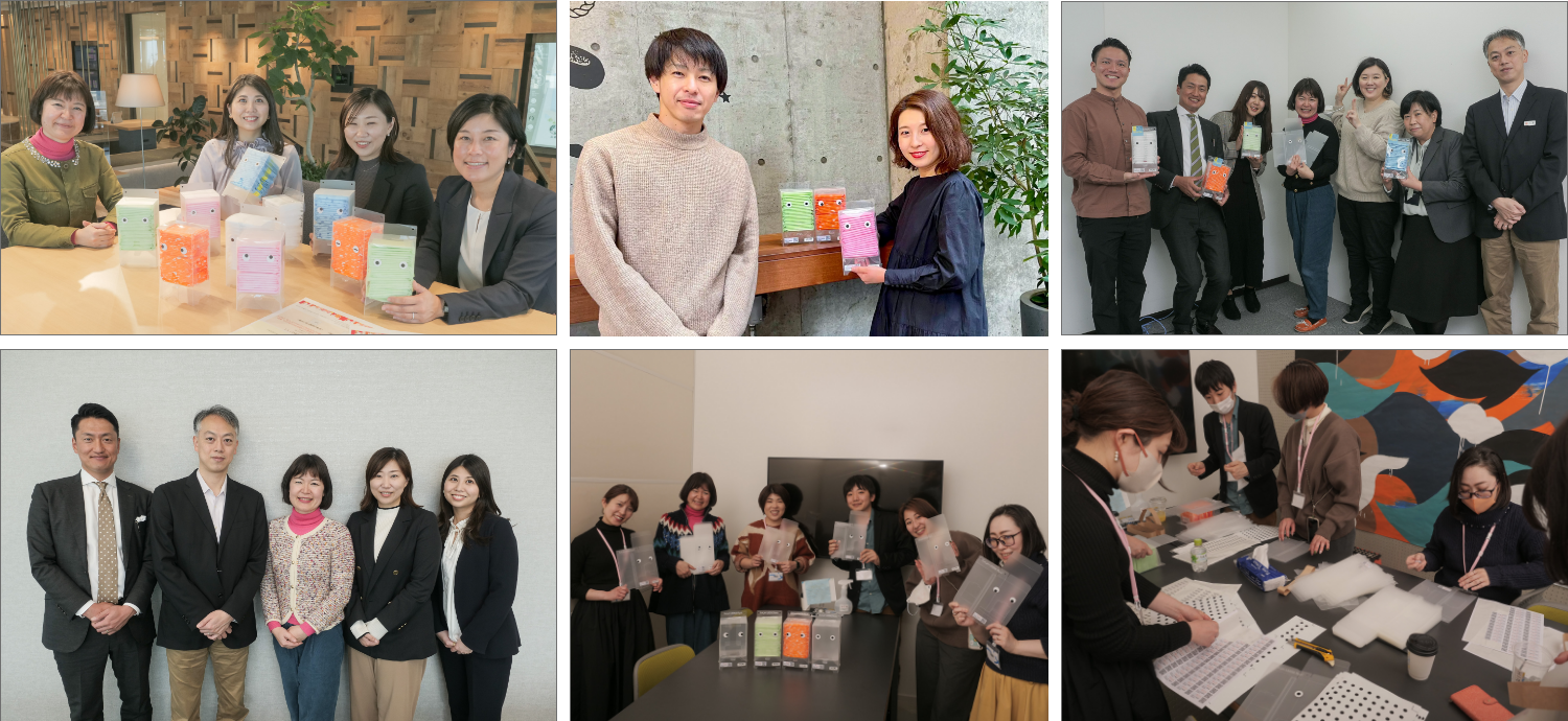 (左上：三井不動産での「せりぽん」組み立てワークショップ、上中央：プラザクリエイト 木村様、梅原様、右上：東急社内セミナー、左下：東急・東京建物・三井不動産３社合同セミナー、下中央・右下：プロジェクト参加企業の担当者と設置互助会活動）