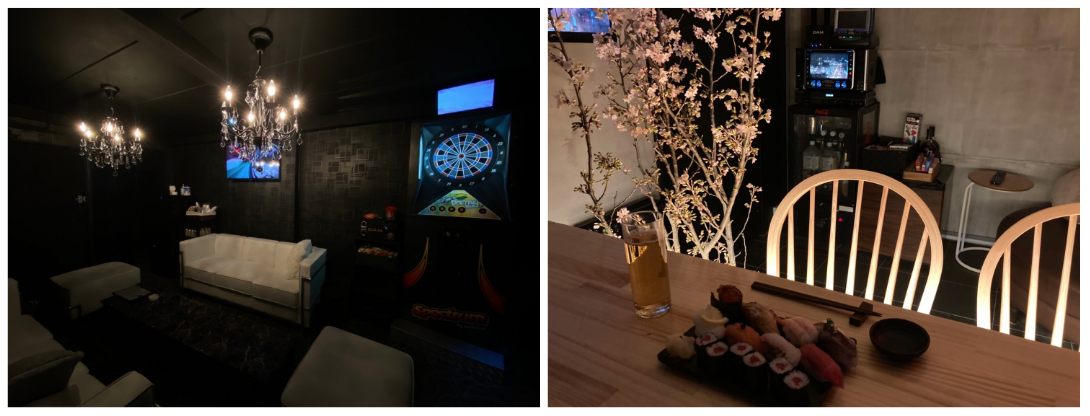 ＜3F「KARAOKE 十方」の様子、「十方 鮨 立ち喰い」のお寿司をデリバリーも可能＞