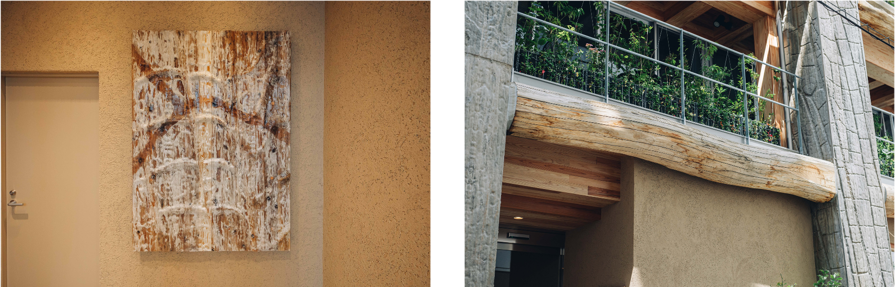 （左）木製型枠を館内アートピースに転用　（右）１〜３階部分の梁に秋田県産の栗の木を丸太のまま使用