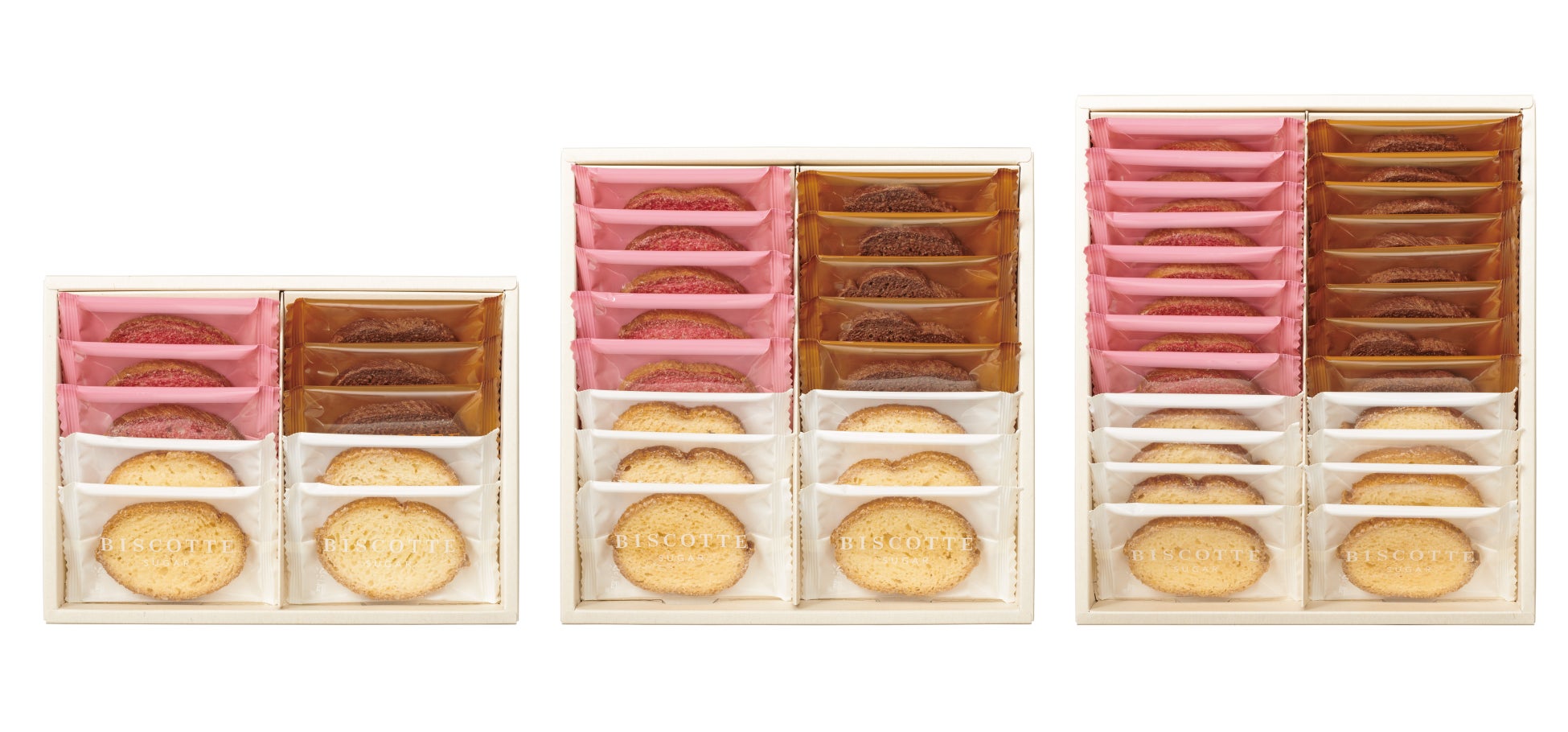 左から、ビスコット 10枚入、16枚入、24枚入