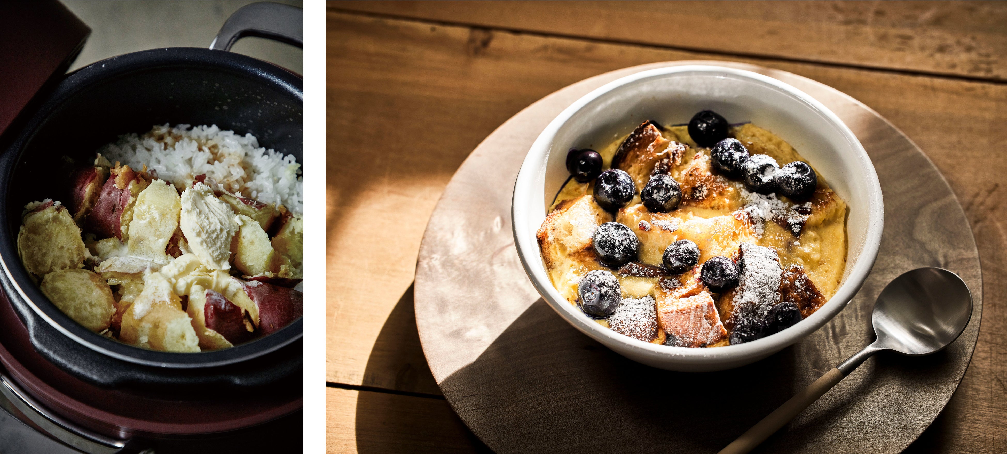 左＜炊き込みごはん＞ 右＜熱々瞬間パンプディング＞