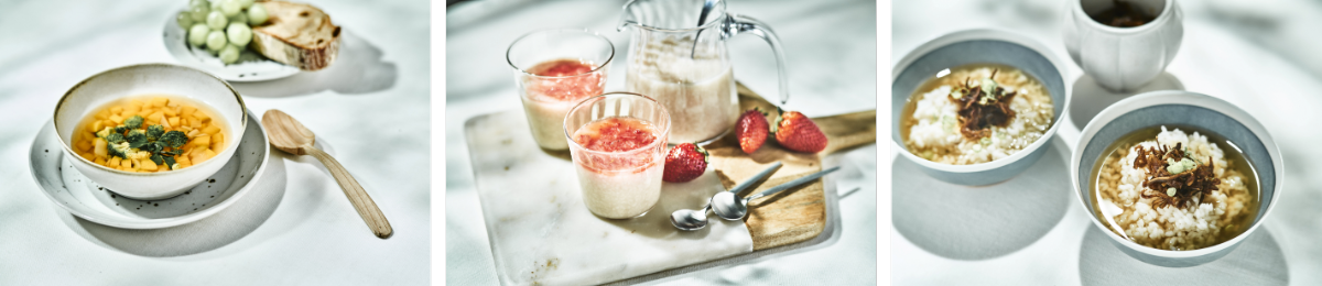 ＜フィトケミカルなベジブロス＞　　＜お腹にやさしいごはんのあまさけ＞　　＜食物繊維もまるごとつくだに＞