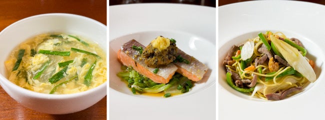 ニラ玉スープ ／サケ蒸しの葱生姜風味 ／牛肉の炒め焼きそば