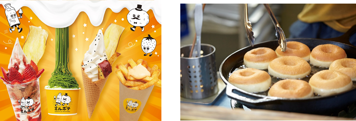 左から順に、ミルポテ sweets&potatoes、HIGUMA Doughnuts