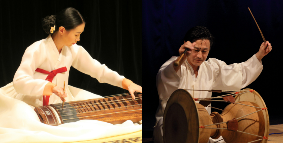 韓国伝統楽器奏者　コムンゴ 朴善英（左）、チャング 李昌燮