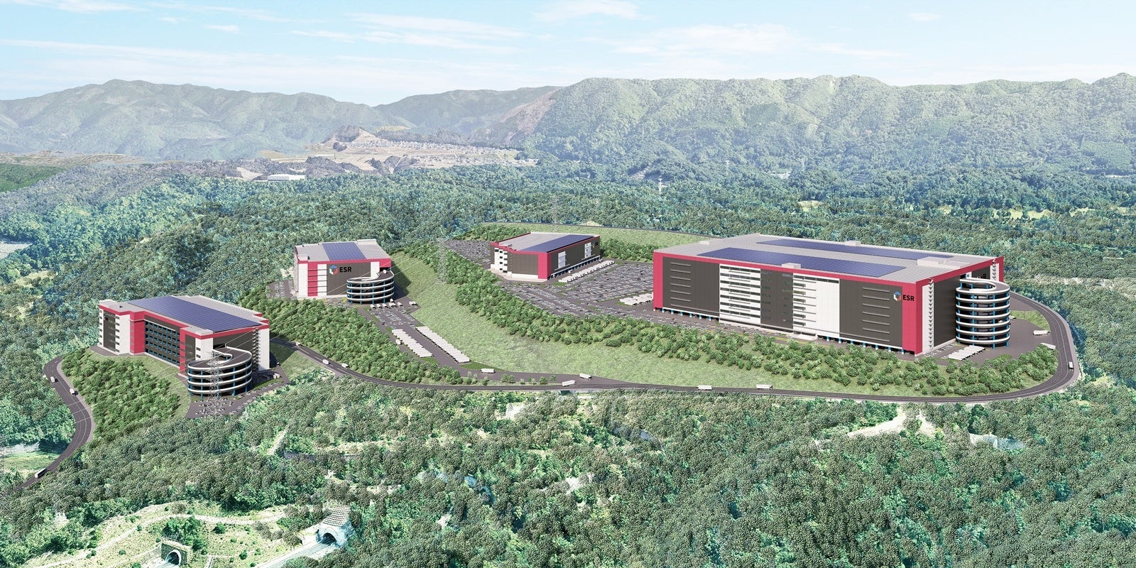 「ESR川西ディストリビューションセンター」完成イメージ（左より今回発表の1期目A棟、B棟　※右の2棟は2期目の計画図）