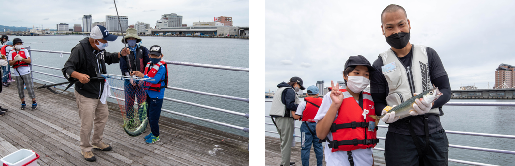 （左）すごく引いたからビックリした！　　　　　　　　　　 （右）大きなサバが釣れました