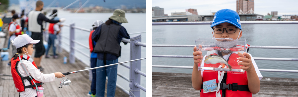 （左）たくさん釣れたら嬉しいな　　　　　　　　　　　　（右）マフグ釣れたよ