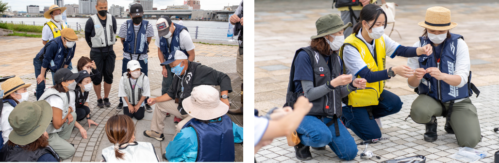 （左）糸の結び方は、釣りを楽しむ第一歩です　　　　（右）ここを通して…スタッフから教わる表情も真剣です